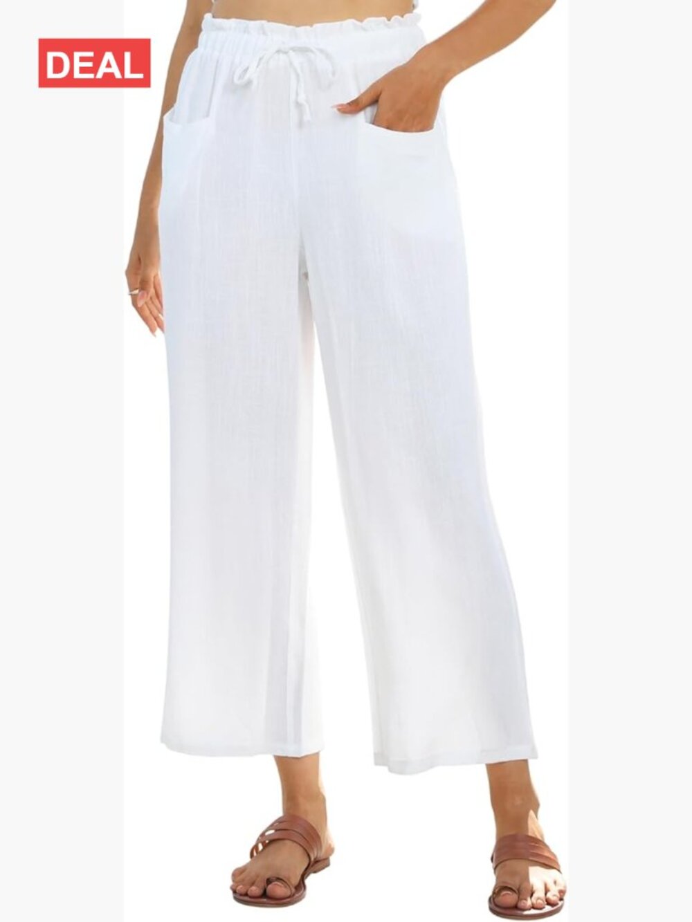 Wide Leg Linen Blend Capri Palazzo Pants High Waist Flowy with Pockets